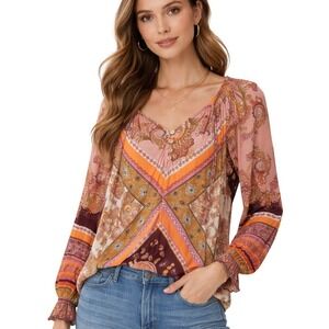 Boho Paisley Hale Bob Blouse Size M Pink Orange Long Sleeve Peasant Top